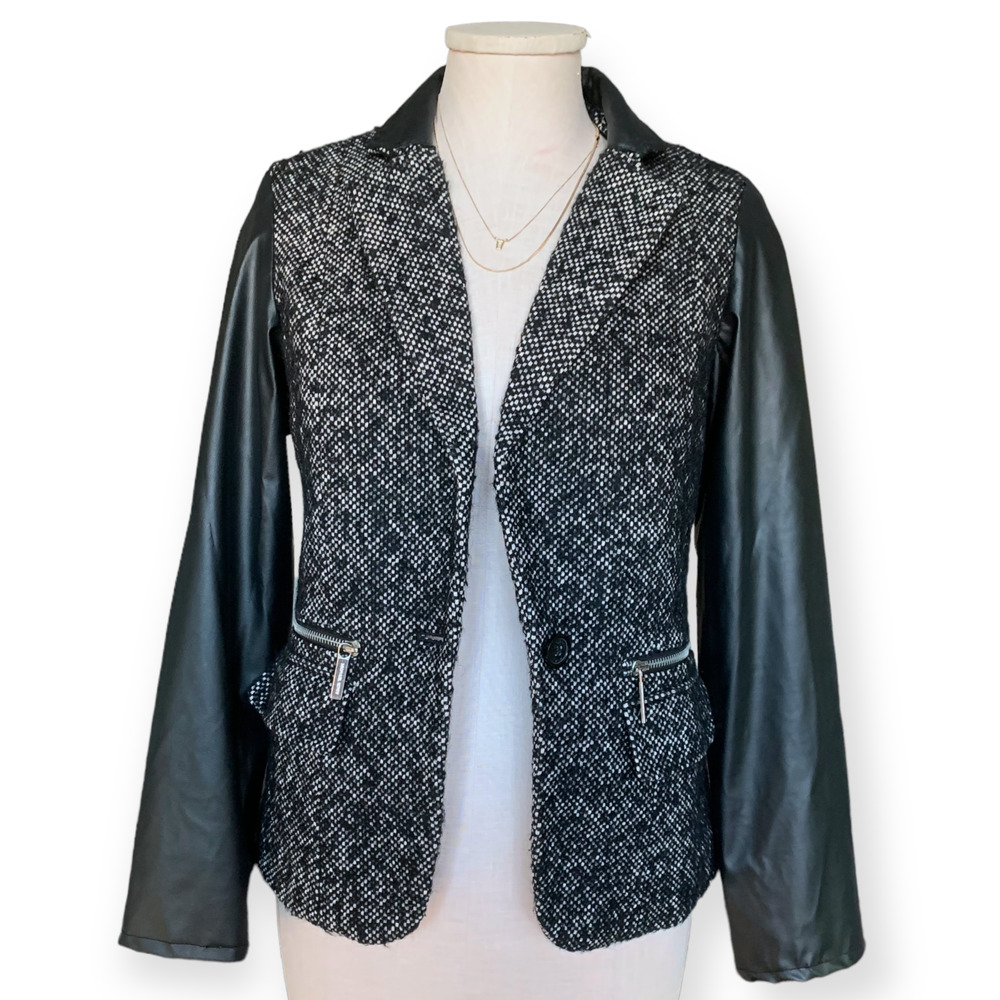 MICHAEL KORS Leather Wool Blend Tweed Sport Coat Jacket Blazer Black Fall Size 4 - Picture 6 of 11